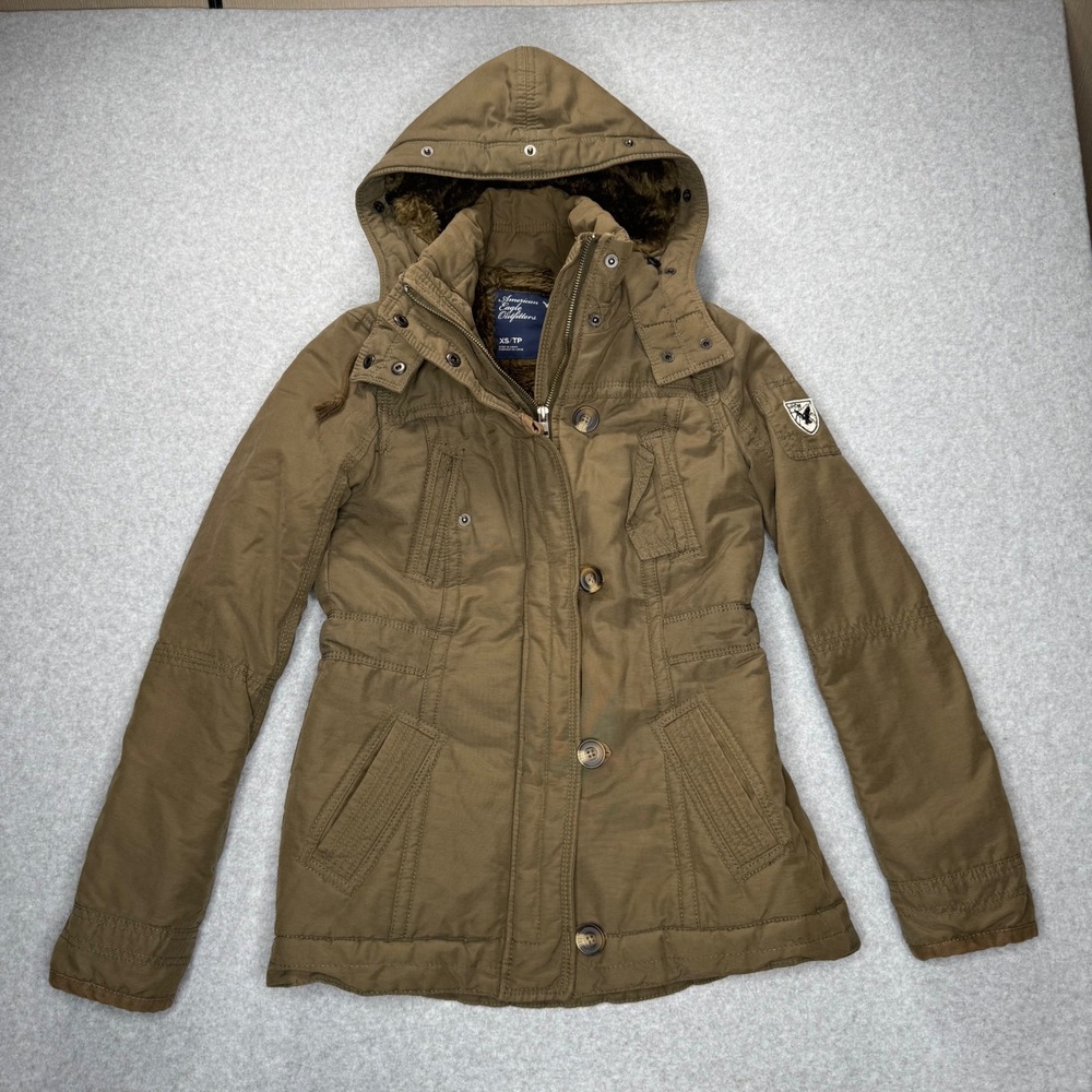 American Eagle Parka Jacket Womens XS Brown Hooded Faux Fur Lined Utility Coat
